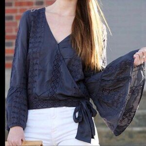 American Eagle Outfitters Gray Wrap Blouse with Lace Eyelet Details Size XS